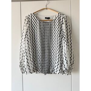 Alfani White Black Geometric Chiffon Blouse Balloon Sleeve Pleated Women's M